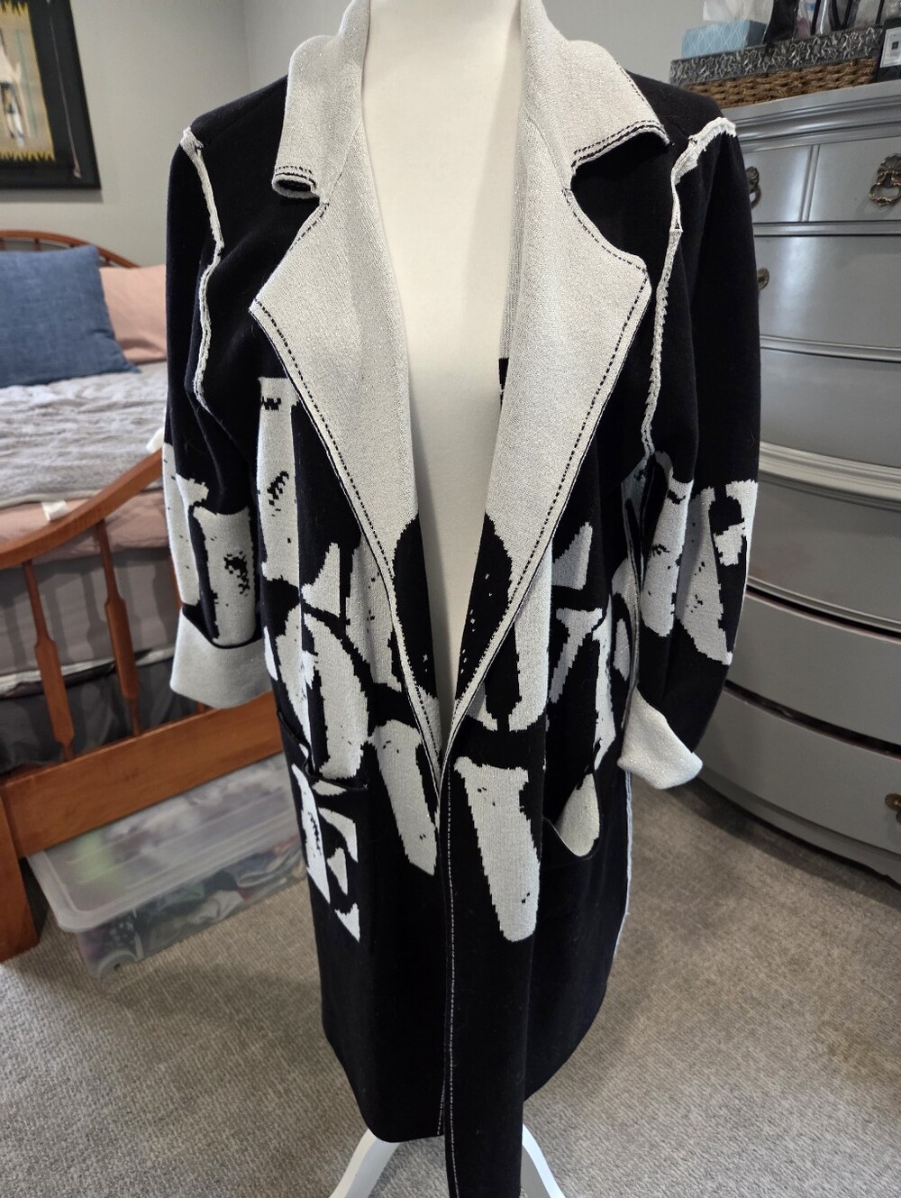 Dolcezza Black & White Knit Long Coatigan - Women Jackets & Coats